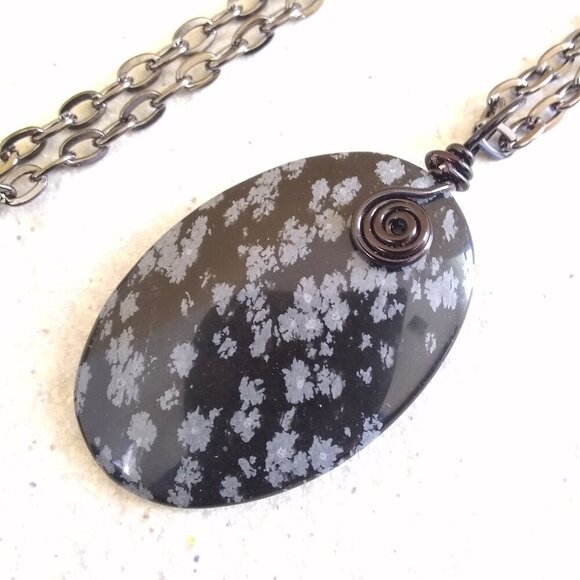 Snowflake Obsidian Stone Medallion Necklace & 24" Gunmetal Black Chain ~ Unisex - Picture 3 of 11
